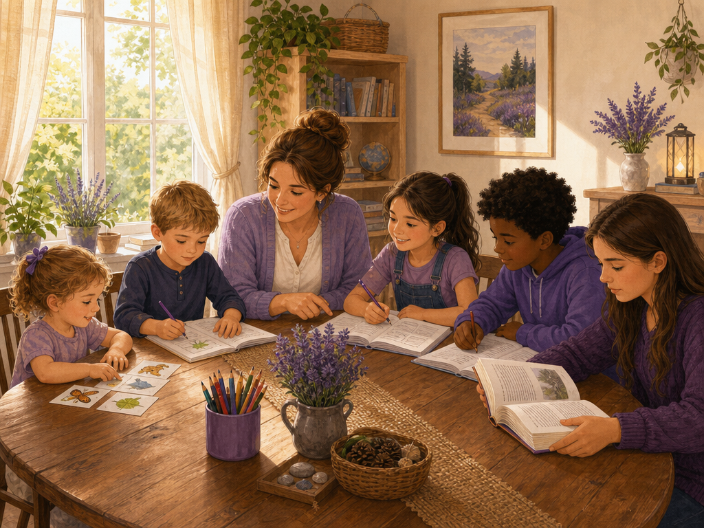 A caring educator teaching several children of different ages, each with their own level-appropriate version of the same lesson