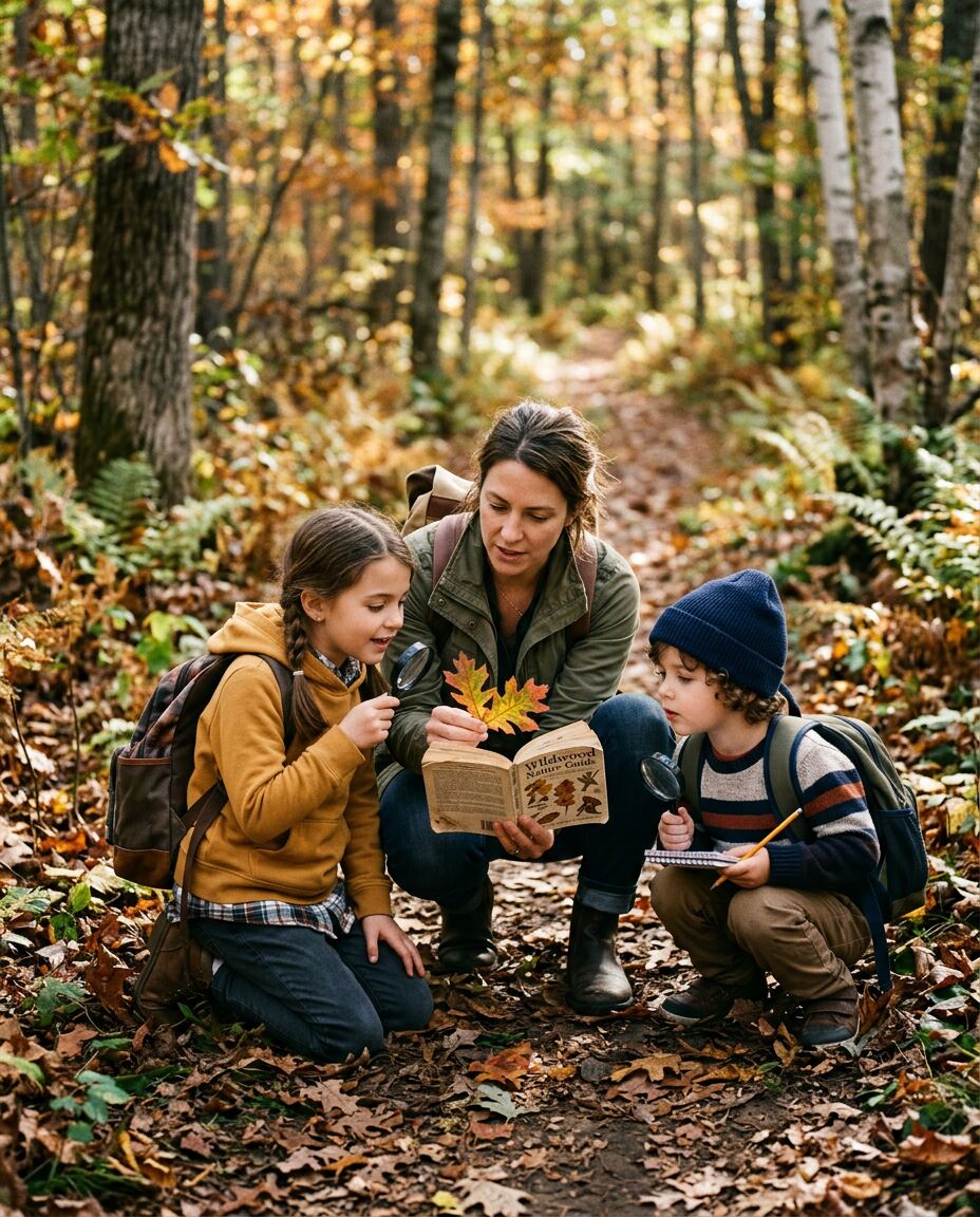 A mother on a nature-study outing with her two kids, examining leaves with a field guide
