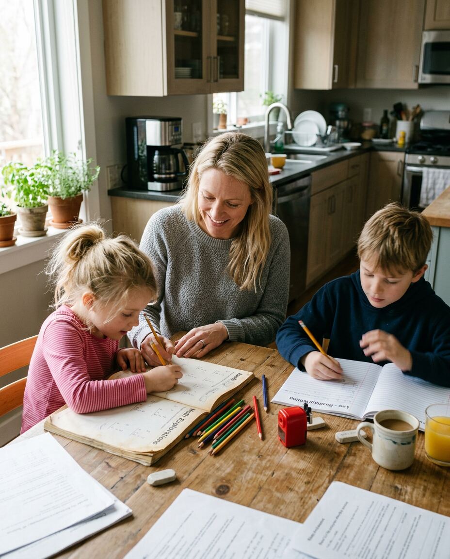 A mother helping her two kids with workbooks at the kitchen table