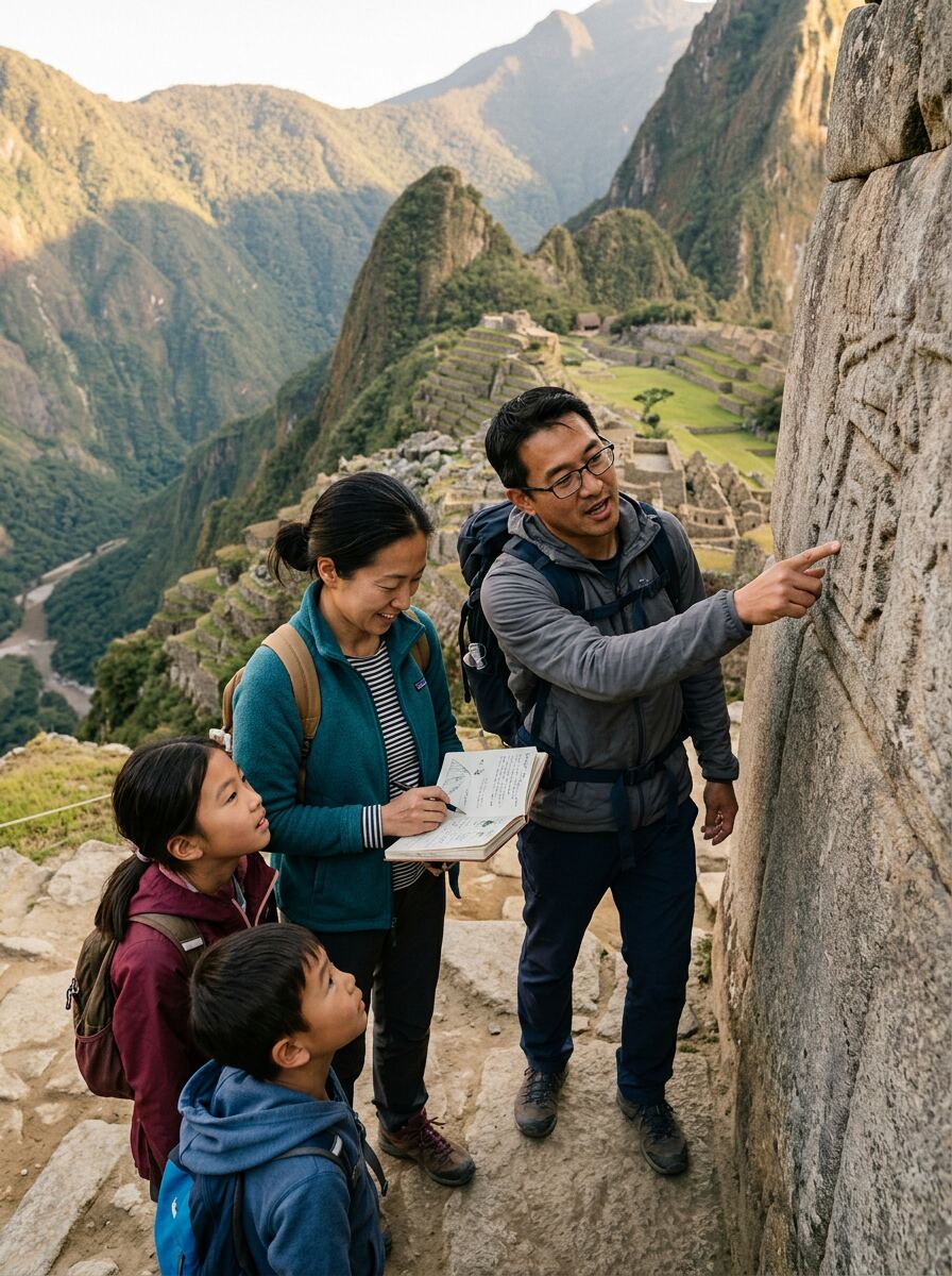 A worldschooling family learning at the ruins of Machu Picchu